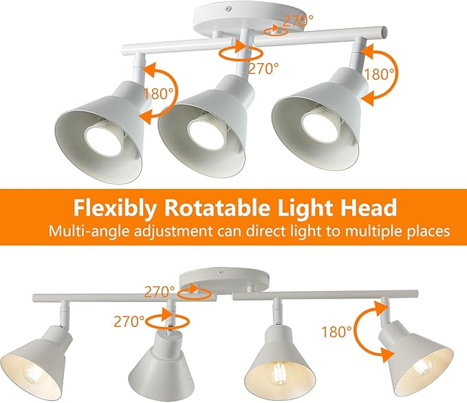 4 Light Plug in Track Lighting Kit,Modern Plug in Ceiling Light Fixture,16.4ft Cord,Timer & Dimming Switch,4 Way Ceiling Spot Lighting,Flexibly Rotatable Light Head (White)