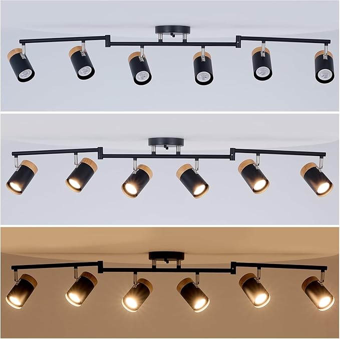 Black Track Lighting,6-Light,Flexible Beams and Rotation Spotlights, Natural Wood Track Lights for Kitchen,Bedroom, Closet,Art Show