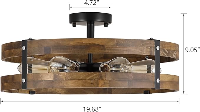 6-Light Large Rustic Farmhouse Wood Flush Mount Ceiling Light Fixture 20 inch Oak Wood and Metal Round Drum Semi Flush Mount Ceiling Light for Hallway Entry Farmhouse Bedroom Living Room, Black