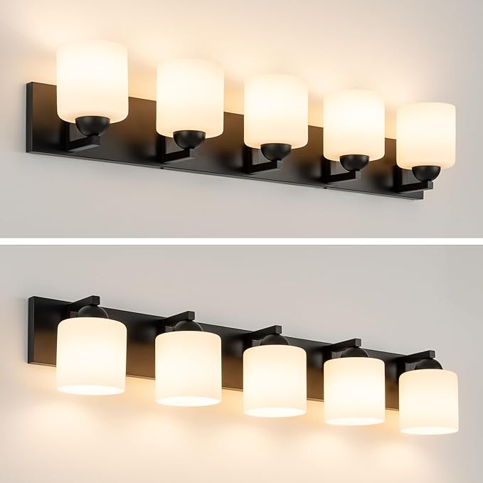 mirrea 38-Inch 5-Light Black Vanity Lights for Bathroom, Vanity Lighting Fixtures with Etched White Glass Shades