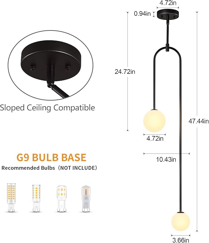 Modern Milk Glass Pendant Light 2 Light Mid Century Chandelier Small Glass Globe Black Pendant Lights for Kitchen Island Bedroom Dining (2 Pack)