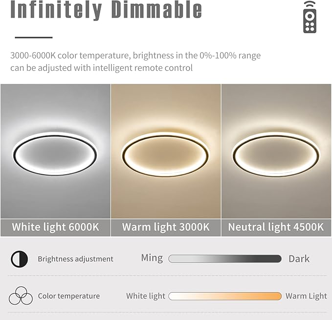 19.68 Inch Flush Mount Ceiling Light, 40-60W Round LED Ceiling Light Fixtures, Thin Modern Ceiling Lamp, Close to Ceiling Lights for Bedroom, Kitchen, Living Room, 3 Color Temperature Selectable