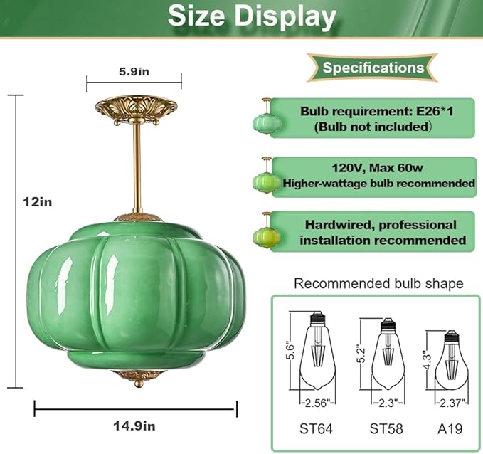 Vintage Milk Glass Ceiling Light Fixture, Antique Green Semi Flush Mount Milk Glass Pendant Light, 15" Farmhouse Mid Century Ceiling Light for Kitchen Hallway Schoolhouse Dining Room Bedroom