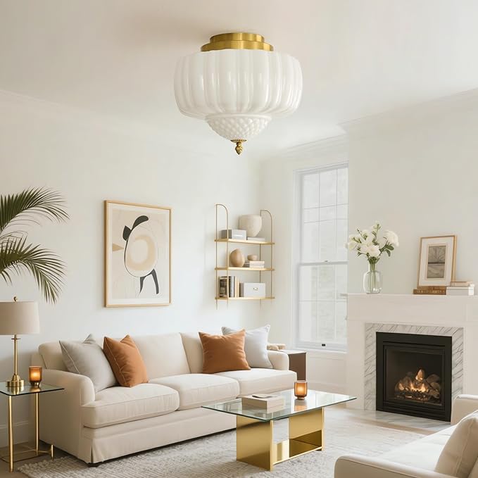 14 inch Vintage Semi Flush Mount Ceiling Light Gold Schoolhouse Ceiling Light Fixture Mid Century Milk Glass Ceiling Lamp for Kitchen Restaurant Bedroom and Hallway(White)