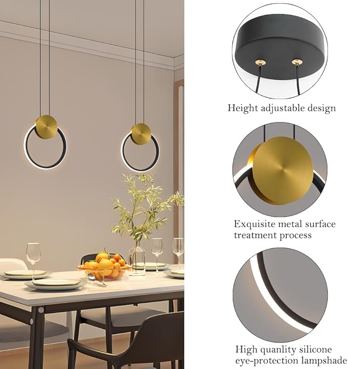 Modern LED Pendant Light Fixtures, Adjustable Height Circular Kitchen Island Light Set of 2, Small Black and Gold Hanging Pendant Light, RC Dimmable Pendant Lighting for Bedroom Entryway Hallway