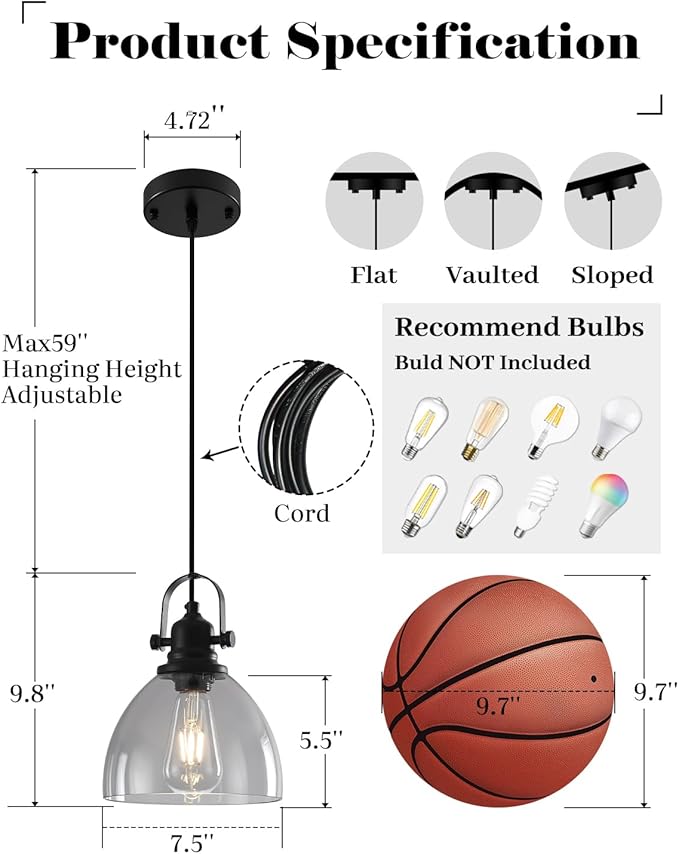 Smoke Gray Glass Pendant Lights Kitchen Island, 7.5 “Industrial Glass Pendant Lights 1-Pack, Modern Clear Kitchen Island Lighting, Light Pendants for Kitchen Island, Living Room, Bathroom