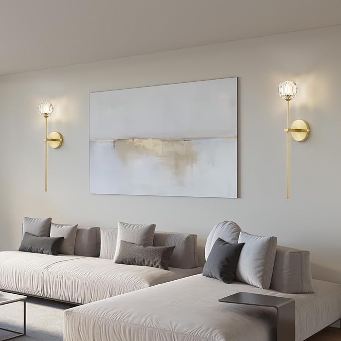 Gold Crystal Wall Sconces Set of Two with G9 Bulbs, Mid Century Modern Diamond Light Brass Vintage Long Lighting Fixture Hardwired for Elegant Vanity Living Room Bedroom Bathroom Hallway
