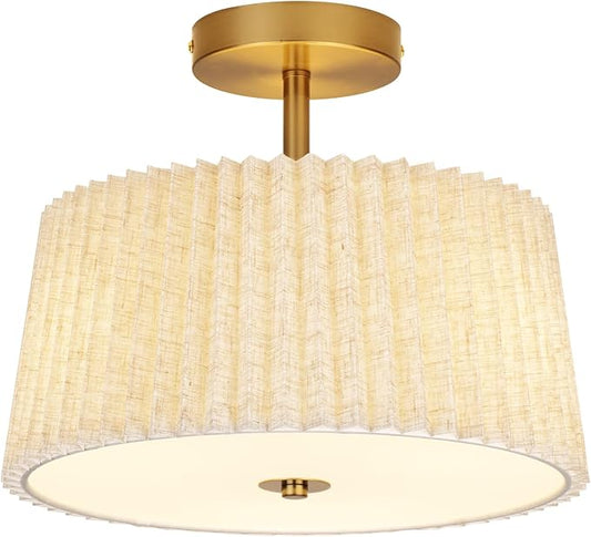 13 Inch Linen Pleated Semi Flush Mount Ceiling Light Fixture, Modern Cone Drum Dimmable Lamp for Bedroom, Kitchen, Dining Room, Hallway, Nursery, Entryway, Foyer Lighting, Gold