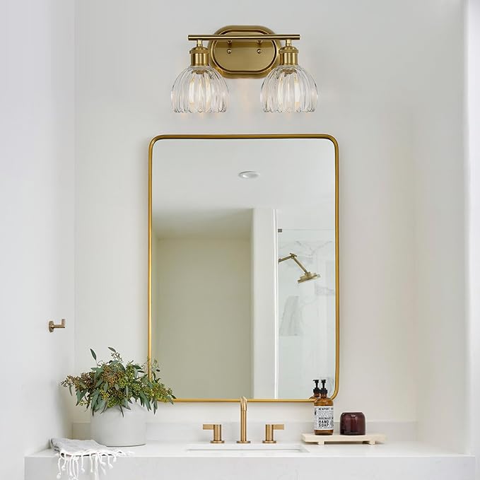 2-Light Bathroom Light Fixtures, Gold Vanity Lights for Bathroom with Ribbed Clear Tulip Glass Shade, Brass Vintage Wall Scone Lighting Over Mirror for Farmhouse,Bedroom,Living Room,Hallway