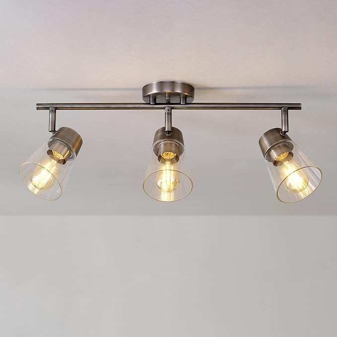 GLOBE Electric 64000045 24" 3-Light Track Lighting, Pewter, Clear Glass Shades, Ceiling Light, Pivot Shade, 3 Bulb, Kitchen Lights, E26 Socket