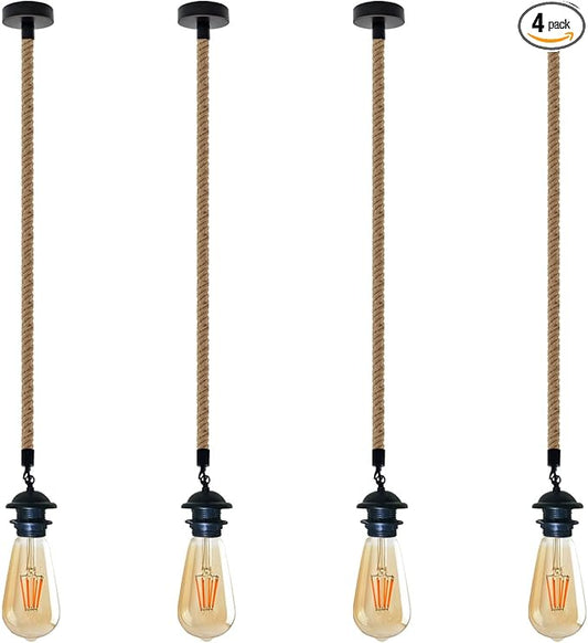 LEDSone Farmhouse Vintage Hemp Rope Pendant Light Hemp Rope Adjustable Ceiling Hanging Pendant Light E26 Base Industrial Hemp Rope Retro Pendant Lighting Fixture for Dining Room Kitchen (Pack of 4)