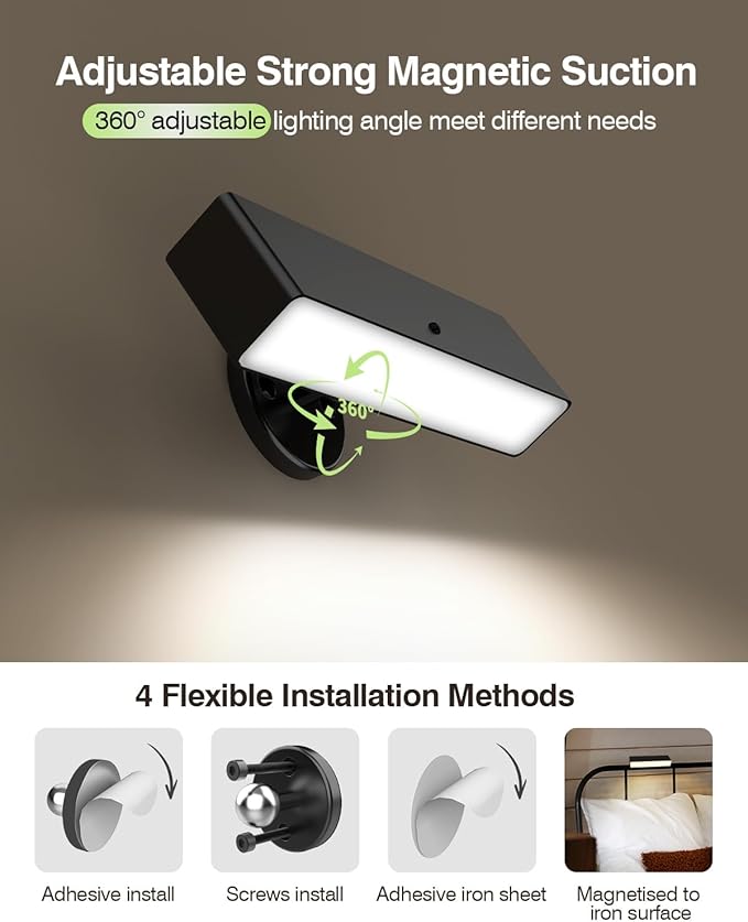 Magnetic Battery-Operated Wall Sconce Lights: USB Rechargeable Wall Mounted Lights with Remote, 3CCT LED Dimmable Wall Sconce, 360° Rotation Cordless Wall Lamp for Bedroom Living Room, Black 1Pack