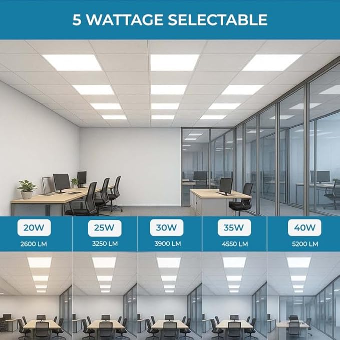12 Pack 2x2 LED Flat Panel Light for Drop Ceiling, 5200lm Selectable 20W/25W/30W/35W/40W, Color Temperature 3000K/3500K/4000K/5000K/6500K, 0-10V Dimmable, 120-277V, ETL, DLC