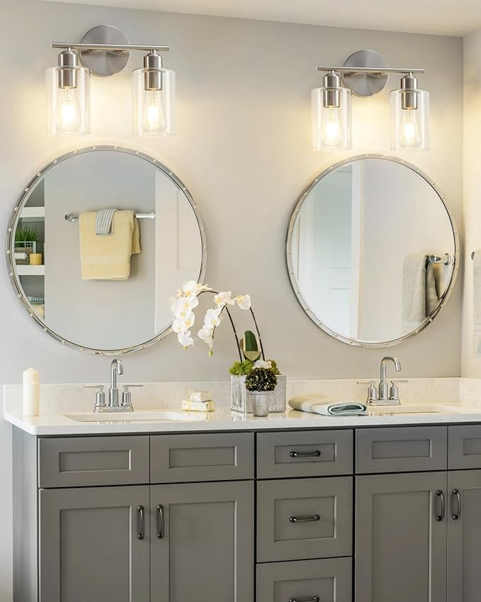 Bathroom Light Fixtures, 2-Light Brushed Nickel Vanity Lights for Bathroom, Modern Bathroom Lighting Fixtures Over Mirror with Clear Glass Shade, Wall Sconce Lighting for Hallway - 2Pack