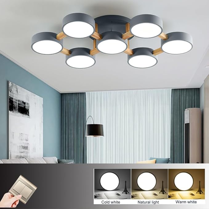 LED Ceiling Light Fixture,40 Inch 7-Lights Modern Ceiling Lights Flush Mount Wooden 84W Chandelier for Living Room Bedroom Kitchen,Dimmable 3000K/4000K/6000K Temperatures Selectable, Grey