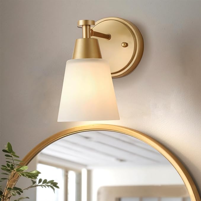 Modern Bathroom Light Fixtures,1-Light Brushed Gold Vanity Light Wall Sconce Vintage with Milk Glass
