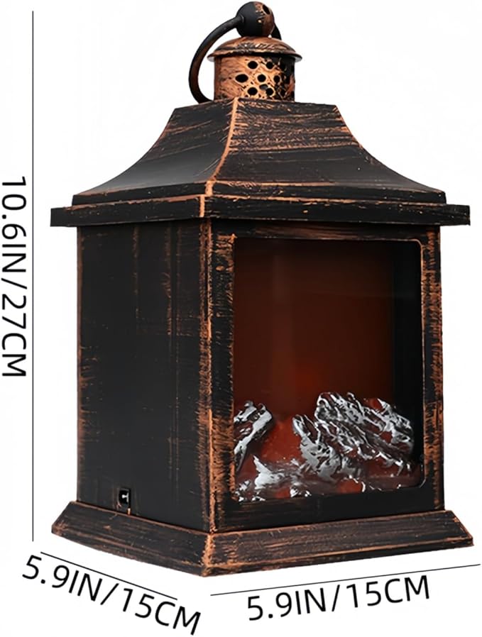 Simulated LED Fireplace Lantern USB & Battery Powered Flameless Light with Emulation Flame Table Decorative Lamp Copper Fireplace Ornament for Cozy Home Decor Free Standing Electric Log Burner