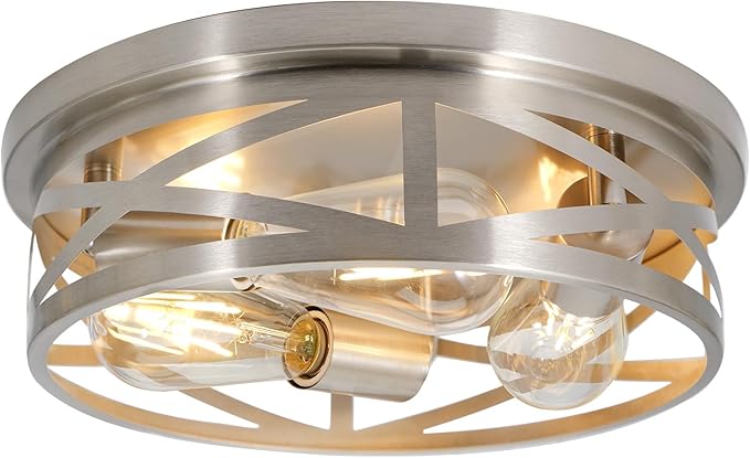 3-Light Flush Mount Ceiling Light Fixture, Farmhouse Ceiling Lights for Kitchen, Modern Black Close to Ceiling Light for Hallway Bedroom Balcony Porch Stairway, E26 (Silver, 1 Pack)