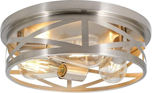 3-Light Flush Mount Ceiling Light Fixture, Farmhouse Ceiling Lights for Kitchen, Modern Black Close to Ceiling Light for Hallway Bedroom Balcony Porch Stairway, E26 (Silver, 1 Pack)