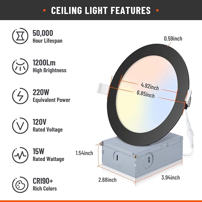 6 Pack Recessed Lighting 6 Inch with Junction Box, 5CCT 6 Inch Black LED Recessed Lights Dimmable 2700K/3000K/4000K/5000K/6000K, 15W1200lm Ultra Thin Recessed Lighting - ETL and Energy Star Certified