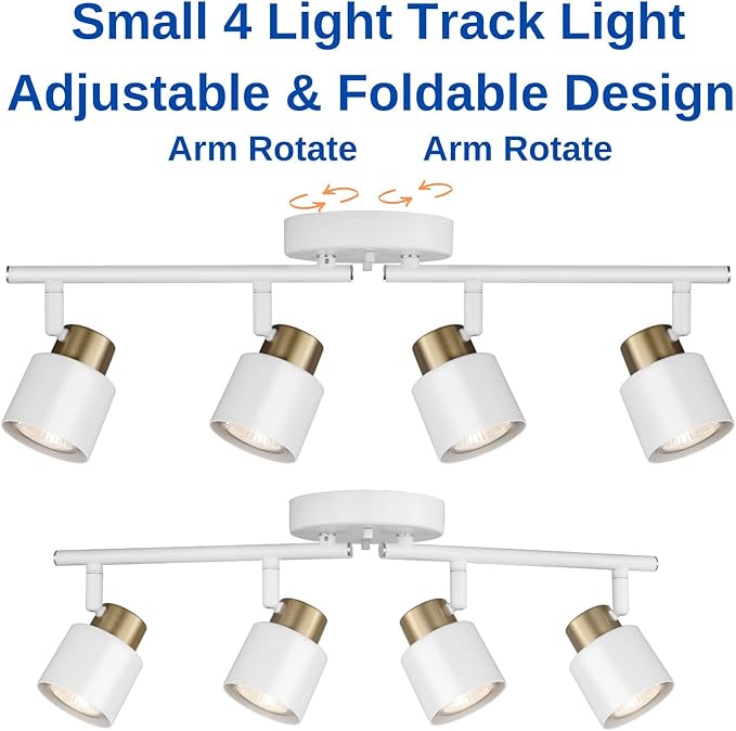 4 Light Track Lighting Kit, Matte White Brass Finish Adjustable with Modern Flush Mount Ceiling Spotlight for Kitchen,Dining,Living Room,Home Improvement