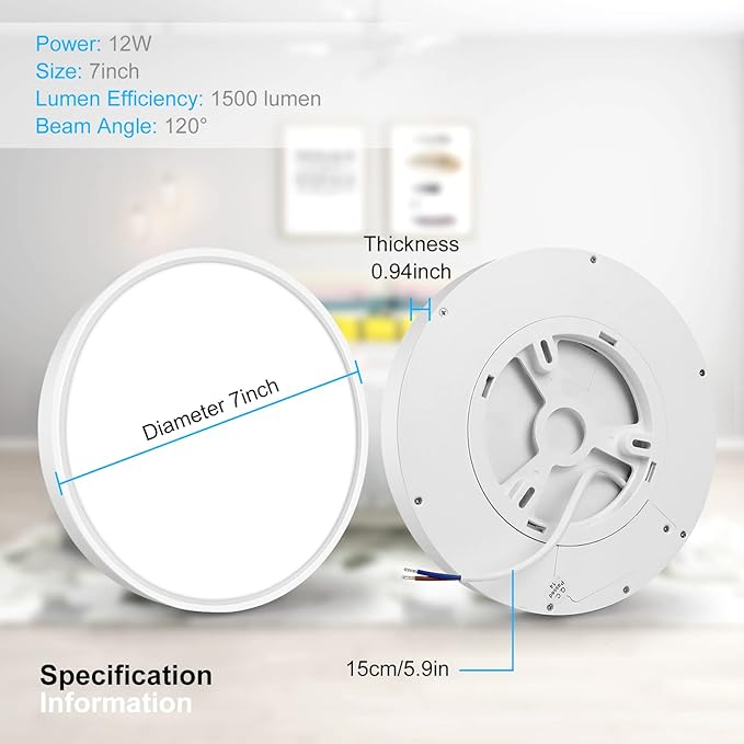 inShareplus 7inch LED Ceiling Light Fixture, White 12W(120W Equiv) 5000K Daylight White Flush Mount Ceiling Lights, Super Bright, Ultra-Thin, 1500LM Ceiling Lamp for Bedroom, Kitchen, Office, Hallway