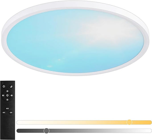 16 Inch Flush Mount Ceiling Light Fixture,24W Dimmable Ceiling Light with Remote, 3000K/4500K/6000K Adjustable White Ceiling Lights, Blue Sky LED Round Flat Panel Light for Kitchen, Bedroom
