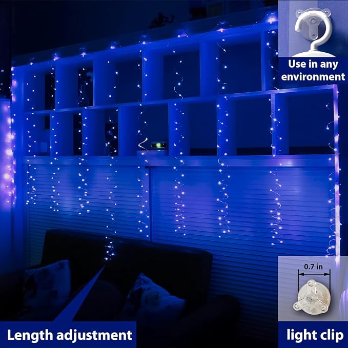 ZSJWL 300 LED Blue Curtain Fairy Lights with Remote, 8 Modes 9.8 × 9.8 Ft Waterproof USB Plug in Copper Wire Lights for Bedroom Window Chrismas Wedding Party