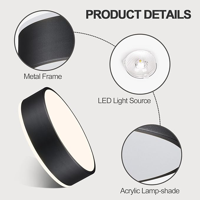 Vikaey Black LED Ceiling Light, Modern Flush Mount Ceiling Light Fixture, Not Dimmable Minimalist Round Metal Lighting Fixture Ceiling Lamp for Hallway, Entryway, Bedroom, Balcony, 11.81 Inch