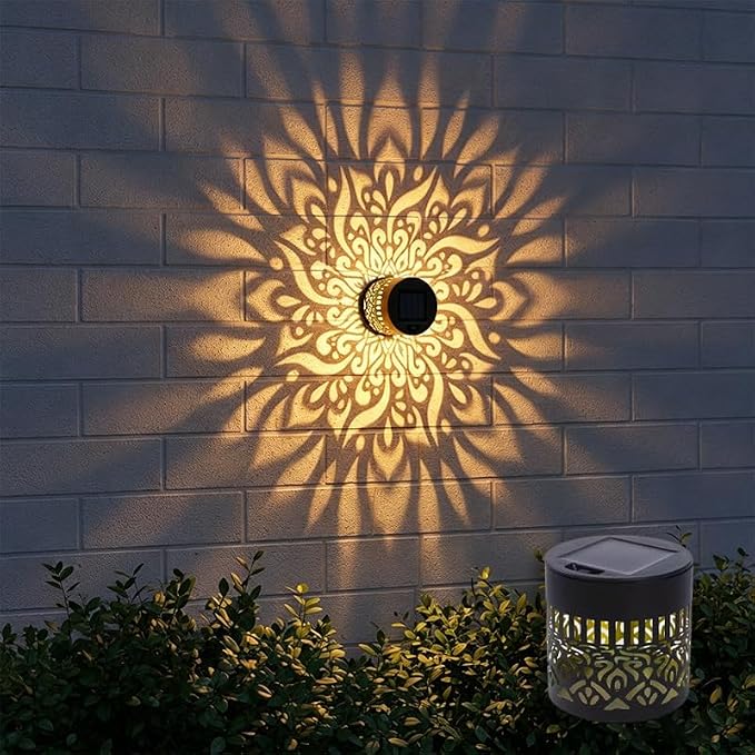 1 Pcs Solar Mandala Lights Outdoor: Metal Waterproof Solar Wall Lights with Decorative Projection Pattern - Solar Garden Lights for Fence Patio Deck Backyard Walkway Yard Decor