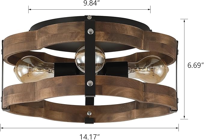 4-Light Rustic Farmhouse Wood Flush Mount Ceiling Light Fixture 14.17 inch Oak Wood and Metal Cloud Cage Semi Flush Mount Ceiling Light for Hallway Hall Entry Bedroom Farmhouse Indoor, Black