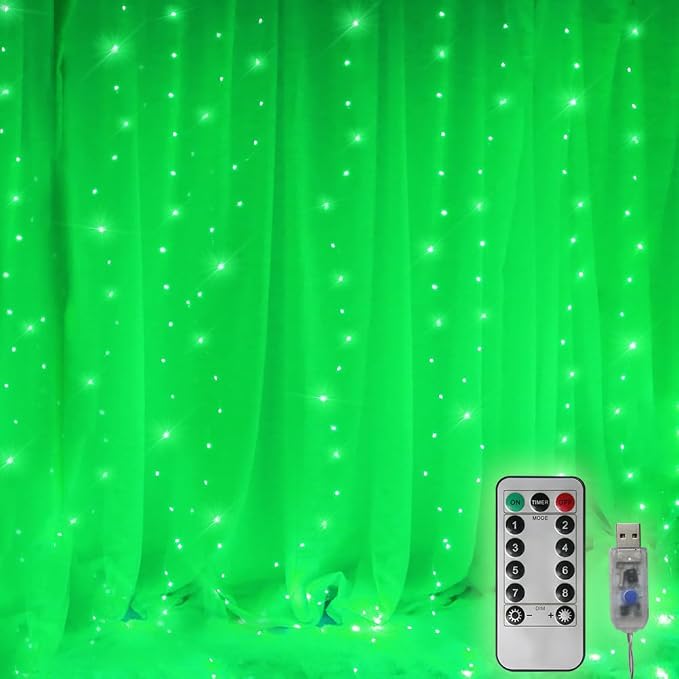300 LED Curtain Lights - Christmas String Lights with Remote Control, USB Power, 8 Lighting Modes - Green for Bedroom, Home, Xmas, St. Patrick's Day Decor - 9.8ft x 9.8ft