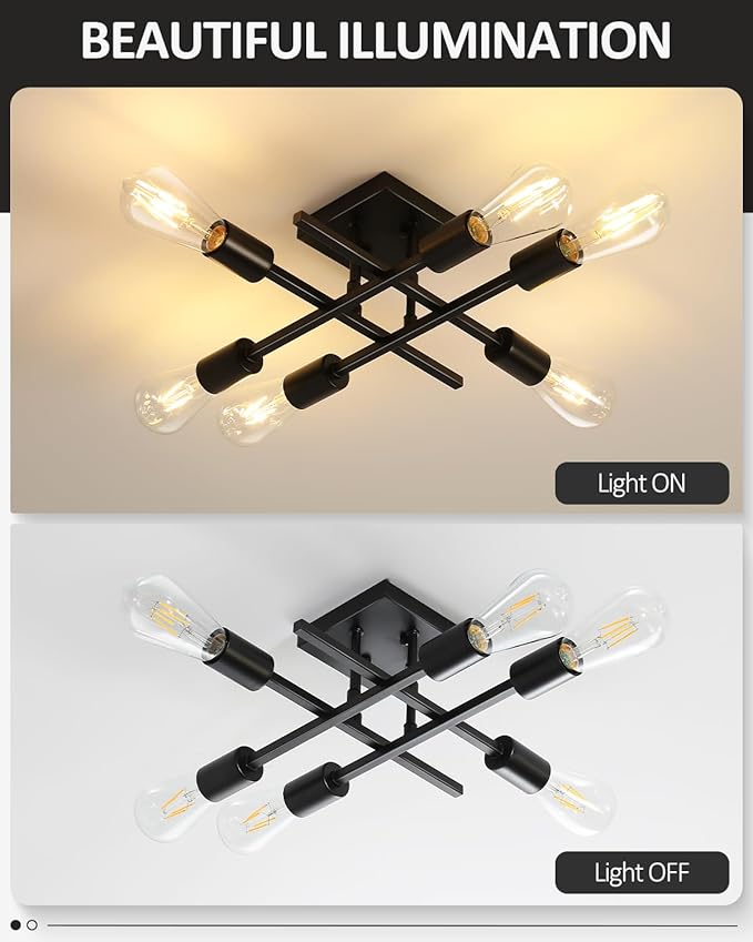 6-Light Semi Flush Mount Ceiling Light Fixture, Modern Black Sputnik Chandelier Lighting, Farmhouse E26 Stock Ceiling Lamp Kitchen Bedroom Living Room Entryway, Bulbs Not Included
