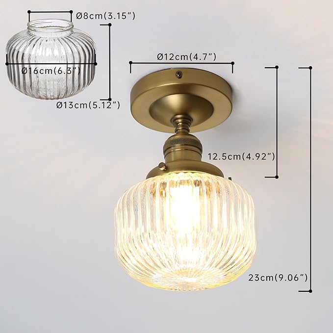 Industrial Semi Flush Mount Ceiling Light, Clear Striped Glass Lampshade Farmhouse Pendant Fixture, Close to Ceiling Light Fixture for Porch, Hallway, Entryway, Kitchen, Bedroom, Hotel
