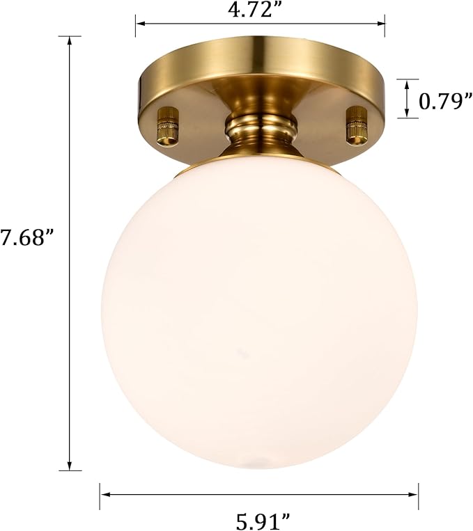 Gold Semi Flush Mount Ceiling Light 5.9" Globe Opal Glass Shade Mid-Century Modern Hallway Light Fixture for Entryway Closet Bathroom Bedroom Laundry Room Easy Install