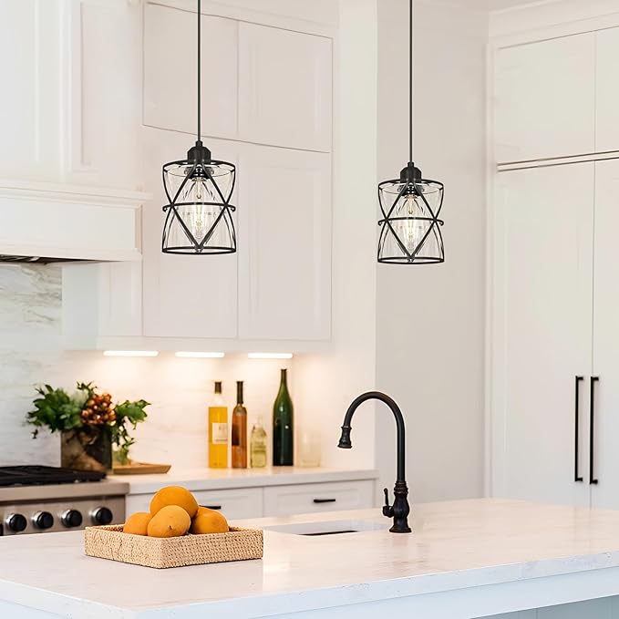 Black Pendant Lights for Kitchen Set of 2, Kitchen Island Pendant Light with Clear Glass, Adjustable Bathroom Pendant Lights, Hanging Kitchen Light over Island,59'' Cord for,Bedside Table,Hallway