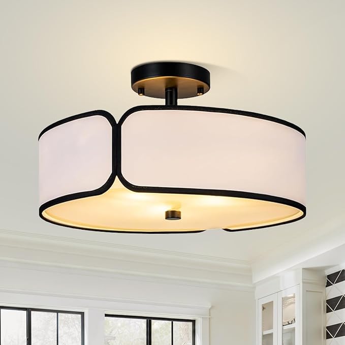 16" Semi Flush Mount Ceiling Light - 3 Lights Drum Light Fixture with Black Border White Fabric Shade, Farmhouse Close to Ceiling Light for Bedroom Living Dining Room Foyer and Hallway