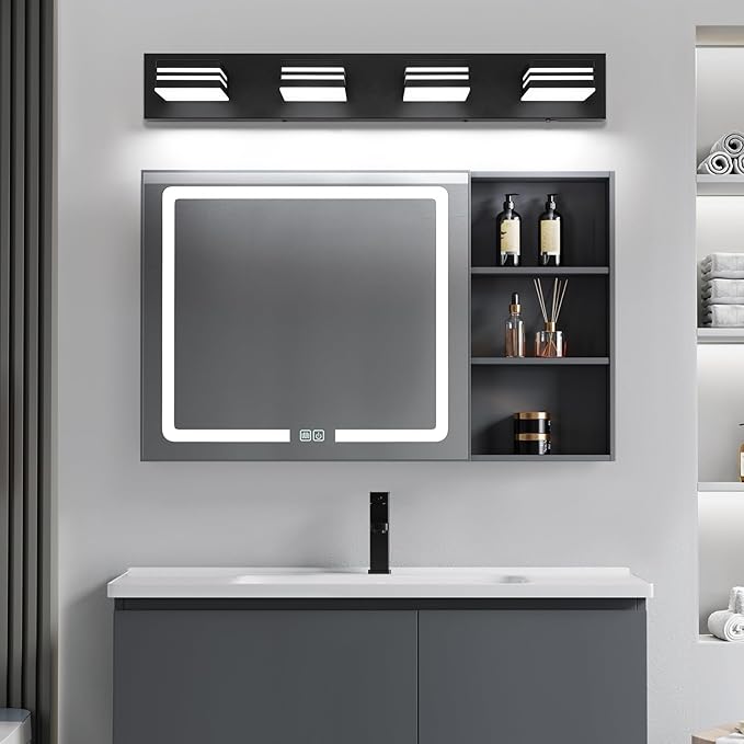LED Modern Bathroom Vanity Light Fixtures (4-Light, 30-Inch)(5CCT, Dimmable), Matte Black Modern Bathroom Wall Lighting Fixtures Over Mirror (3000K/3500K/4000K/5000K/6000K)