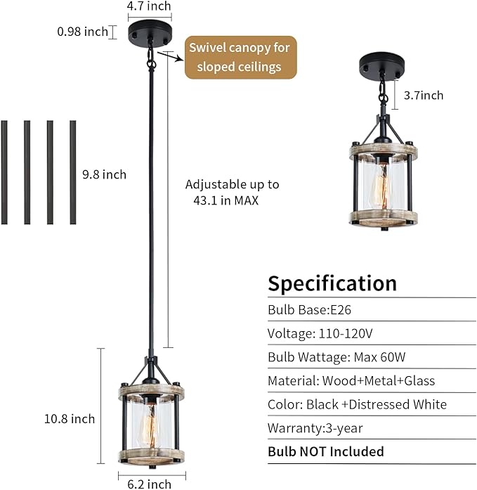Farmhouse Pendant Light, Rustic White Wood Metal Cage Hanging Light Fixtures with Glass, 43 Inch Adjustable for Flat and Slop Ceiling, Pendant Lighting for Kitchen Island Foyer Hallway, 2 Pack