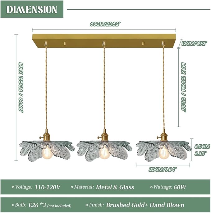 Mid Century 3-Light Pendant Chandelier – Dark Green Glass Shades & Gold Brass, Vintage Hanging Light for Dining Room, Kitchen Island, Farmhouse Living Room