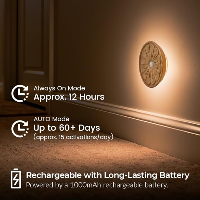 Flower Motion Sensor Night Light, Carved Wooden Flower Wall Lamp, Backlight LED Light, Rechargeable & Stick-On Magnetic Mount for Indoor Decor, Living Room, Bedroom, Stairs (Round Ash Wood *1Pack)