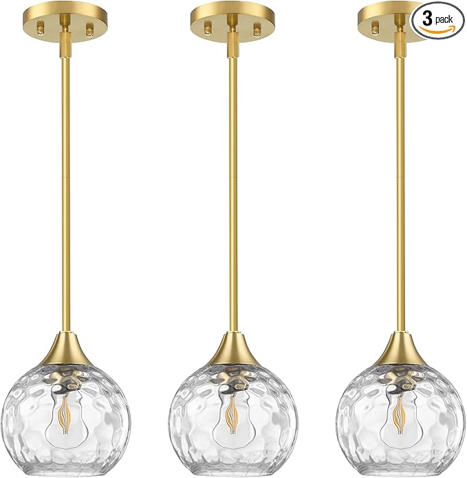 Pendant Lights Kitchen Island 3 Pack,Pendant Light Fixtures with Hammered Glass Shade,Adjustable-Height Island Lights for Kitchen with Detachable Rod,E26 Base Kitchen Pendant Lighting Over Island/Bar