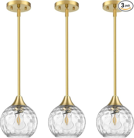 Pendant Lights Kitchen Island 3 Pack,Pendant Light Fixtures with Hammered Glass Shade,Adjustable-Height Island Lights for Kitchen with Detachable Rod,E26 Base Kitchen Pendant Lighting Over Island/Bar