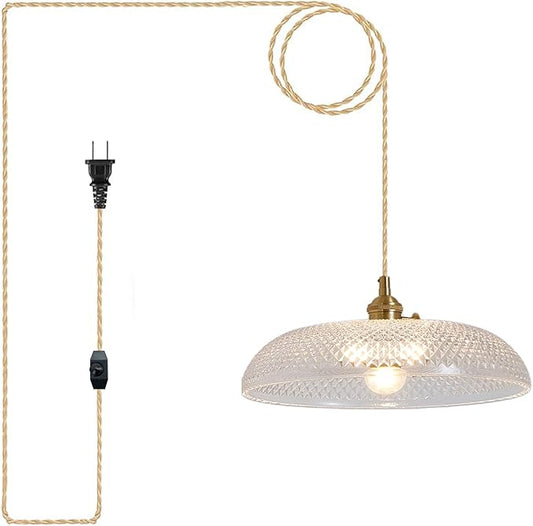 Hanging Light with Plug in Cord,11.8 Inch Plug in Pendant Light for Ceiling Glass Lampshade 14Ft Hanging Lamp Plug in Adjustable Golden Cord On/Off Switch for Bedroom