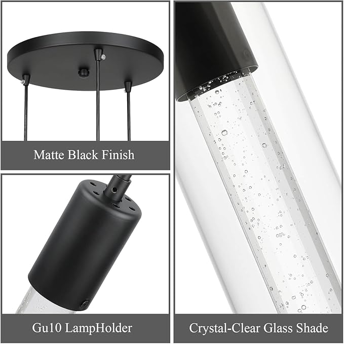 XiNBEi Lighting Pendant Light, Modern 3 Light Cluster Kitchen Island Pendant Lighting with LED Bulb & Bubble Crystal, Matte Black Finish XB-P1110-3-MB