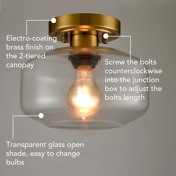 Modern Small Semi Flush Mount Ceiling Light Glass Brass Gold Ceiling Lights Hallway Fixtures, 1-Light