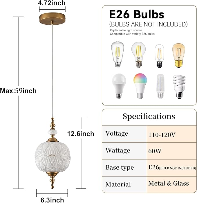 Modern White Glass Pendant Light Fixtures E26 Bulb for Bedroom Living Room Dining Room Kitchen Hallway