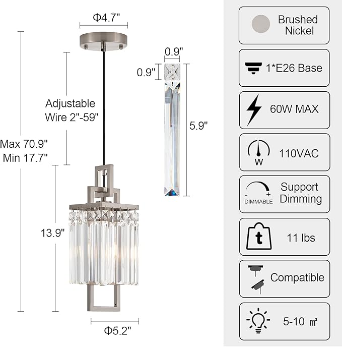 Modern Brushed Nickel Pendant Light Fixture for Kitchen Island and Dining Room, Industrial Small Hanging Crystal Chandelier Light Fixture for Bedroom Entryway Living room Foyer Hallway 1-Pack