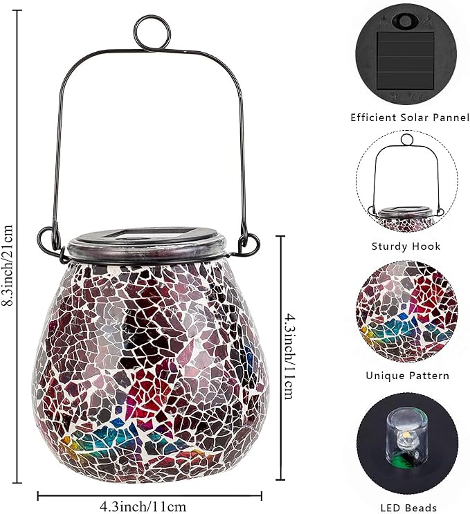 Stargarden 4 Pack Mosaic Solar Lantern ,Outdoor Hanging Waterproof Mosaic Light Solar Table Lamp for Garden ,Patio,Yard Decor (Red)