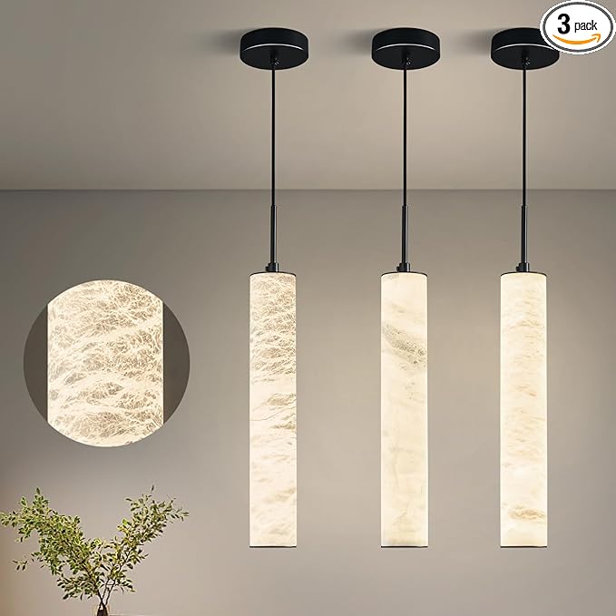 LMQNINE Natural Alabaster Pendant Lights for Kitchen Island White Marble Long Tube Chandelier 4000K Modern Black Ceiling Light Fixtures for Bedroom Dining Room Table Living Room Hallway(M-3Pack)